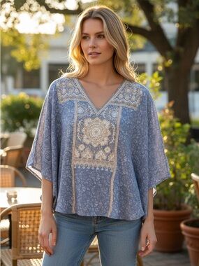 Savanna Jane Blue Tunic Poncho Festival Coastal Cowgirl Embroidery NWT